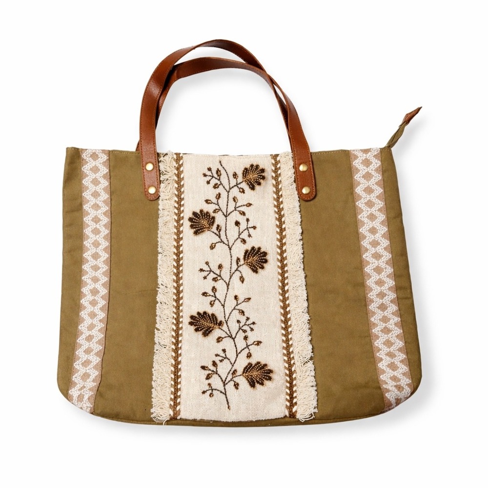 Myra Bag Tan Canvas Floral Embroidered Boho Tote Bag with Fringe NWT - Picture 2 of 3